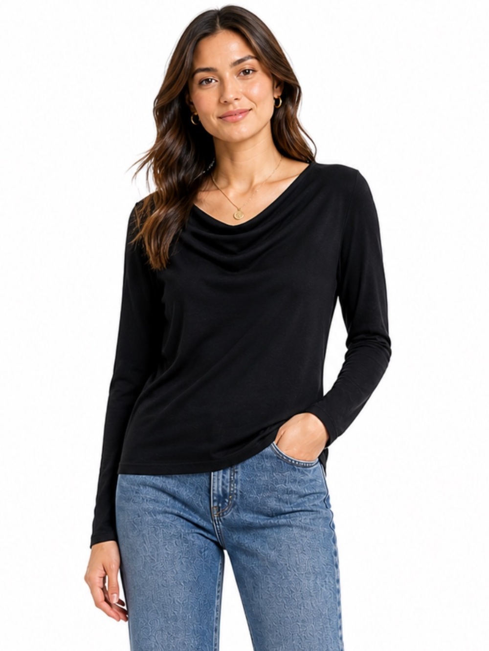 Jones Wear Black Draped-Neck Long Sleeve Top — Size L